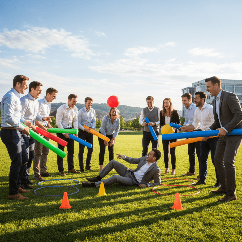 Grupo de profesionales riendo durante una gymkana corporativa al aire libre