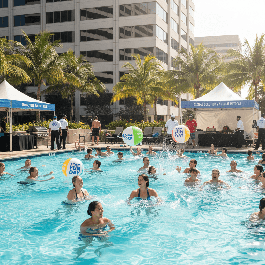 Personas nadando en piscina durante full day corporativo