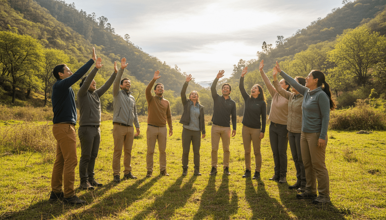 Grupo corporativo celebrando durante una actividad de integración al aire libre en Cieneguilla