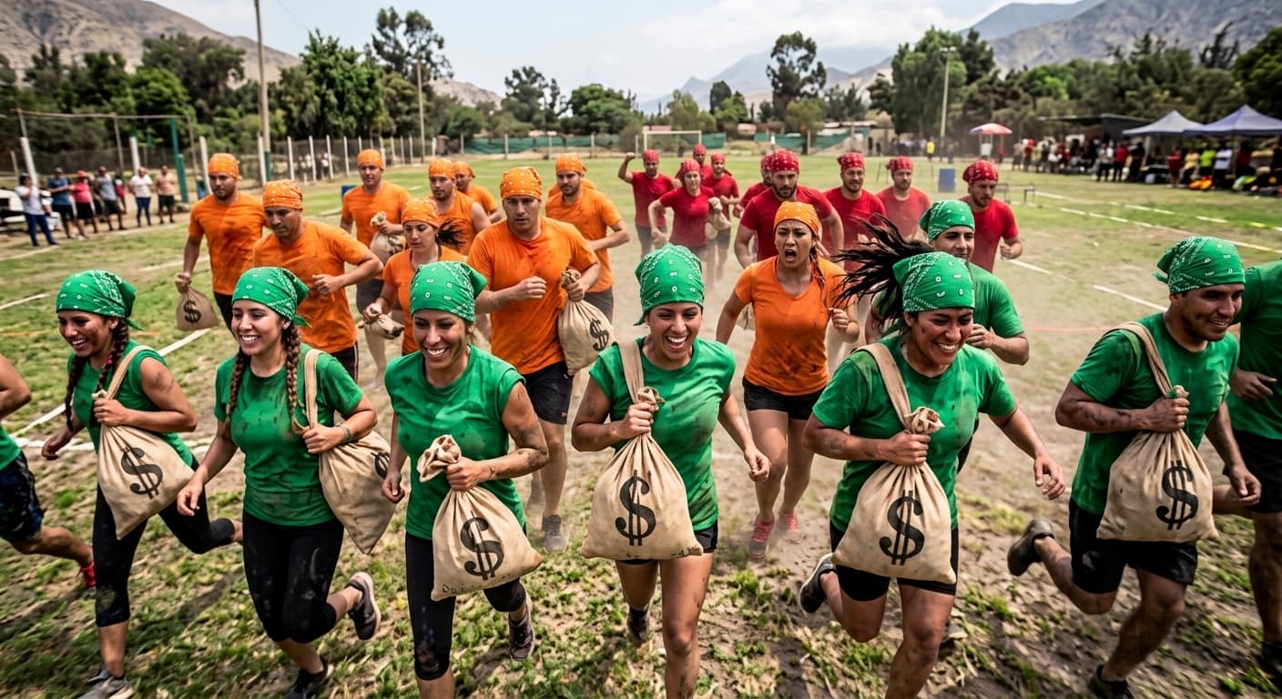 Competidores en verde y naranja corren cargando sacos con signos de dólar en un campo.