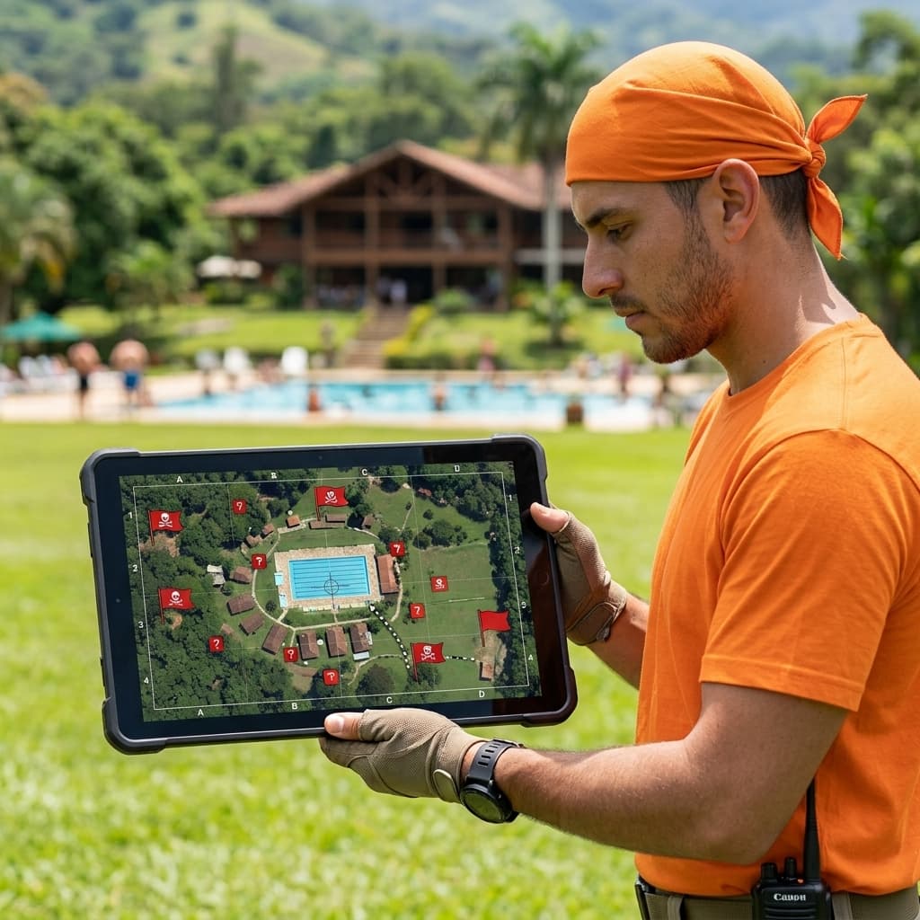 Hombre con pañuelo naranja sostiene tableta con mapa táctico frente a un complejo vacacional.