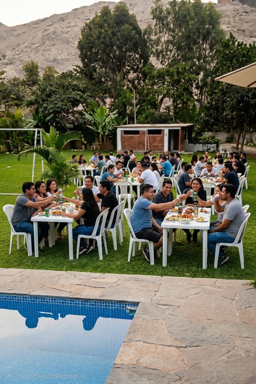 Personas comiendo y brindando en mesas blancas al aire libre junto a una piscina.