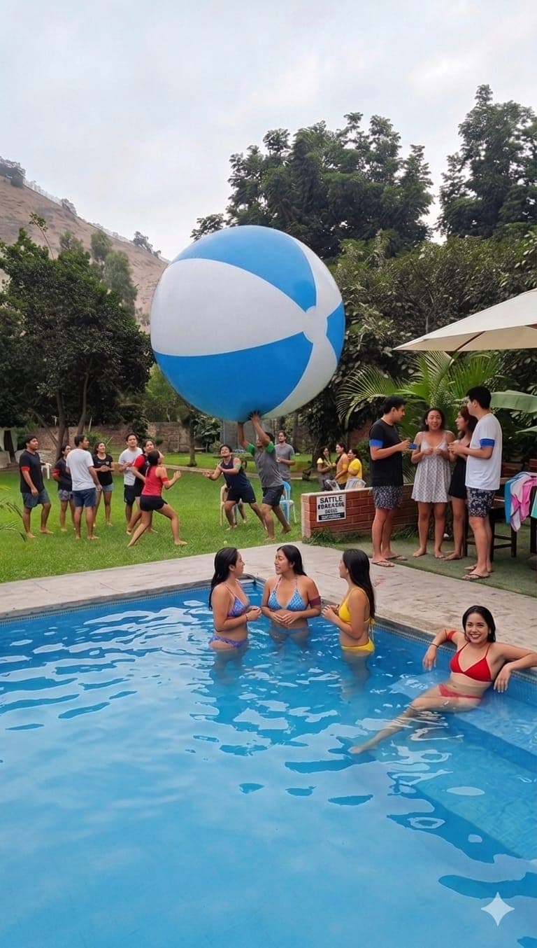 Jóvenes en una piscina y jardín mientras un hombre levanta una pelota de playa gigante.