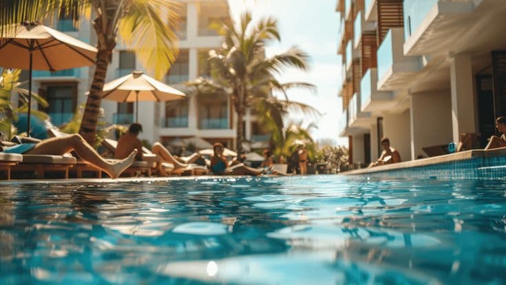 Turistas descansando junto a una piscina azul en un resort tropical soleado rodeado de palmeras.