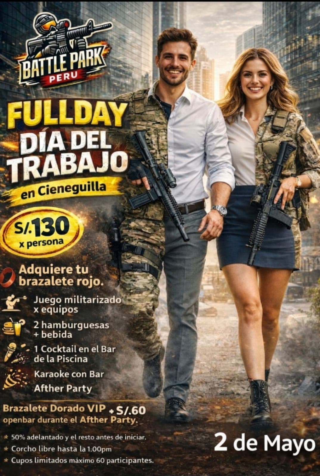 Pareja con vestimenta híbrida de oficina y militar portando rifles para Battle Park Perú.