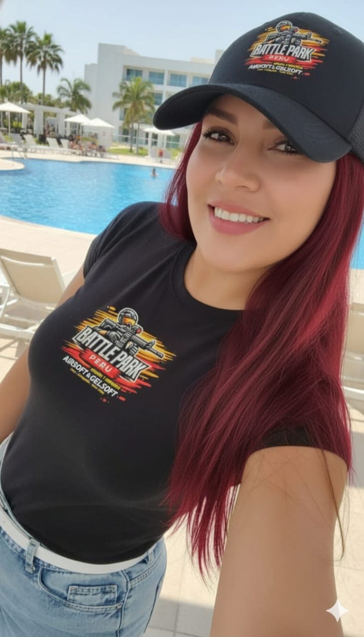 Mujer pelirroja con gorra y camiseta de Battle Park sonríe frente a una piscina.
