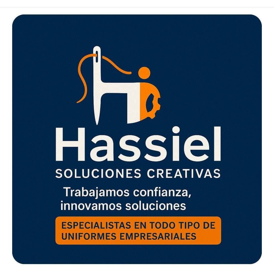 Logotipo de Hassiel Soluciones Creativas, especialistas en uniformes empresariales con icono de costura naranja.