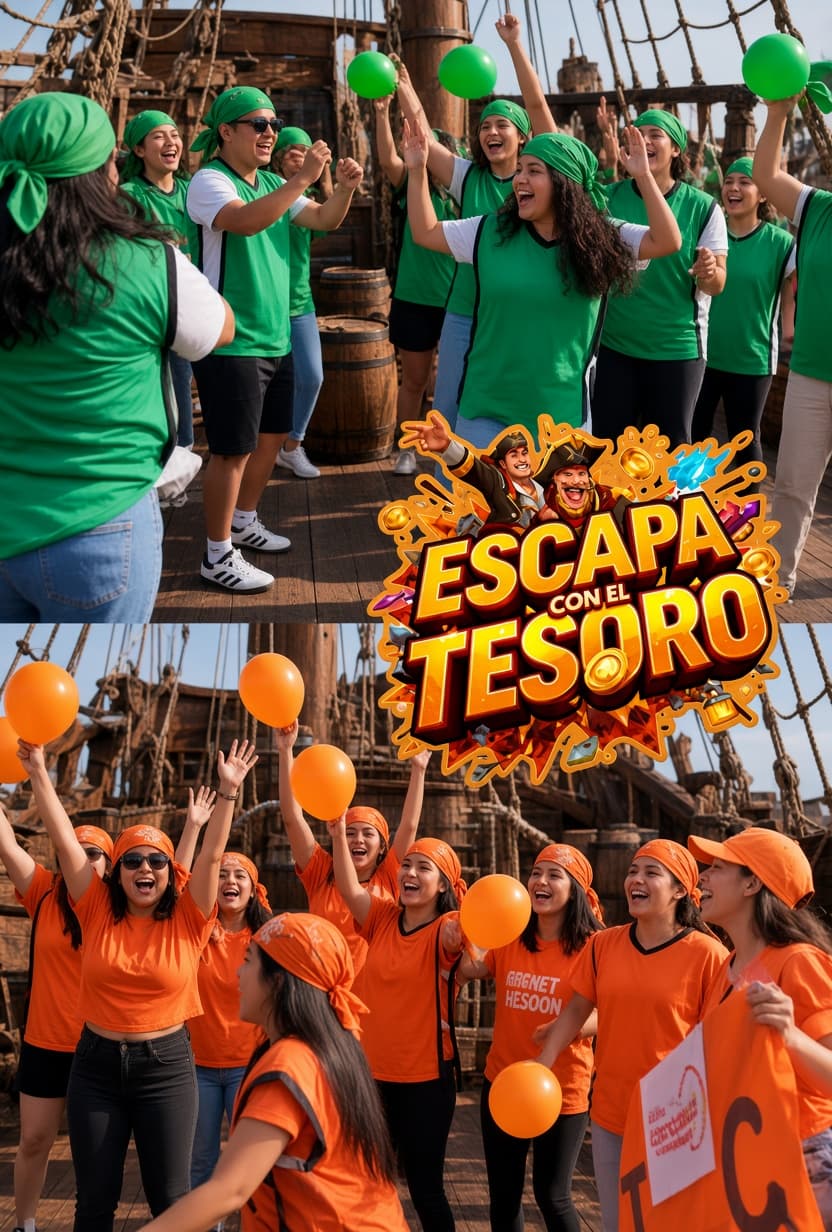 Jóvenes con pañuelos y camisetas verdes y naranjas celebran en la cubierta de un barco.